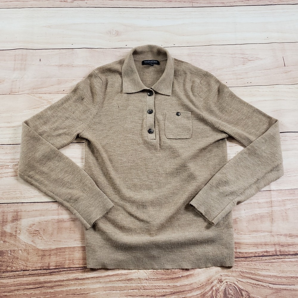 Banana Republic Shirt Womens Large Beige Wool Long Sleeve Pocket Knit Ladies *